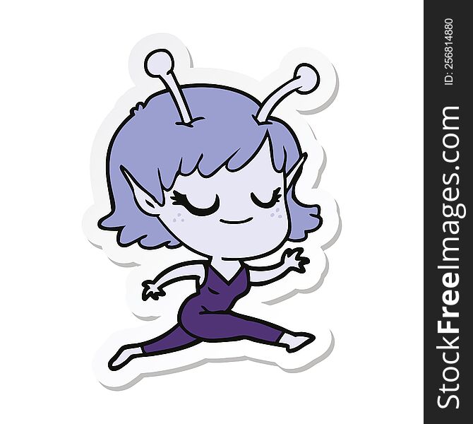 sticker of a smiling alien girl cartoon running