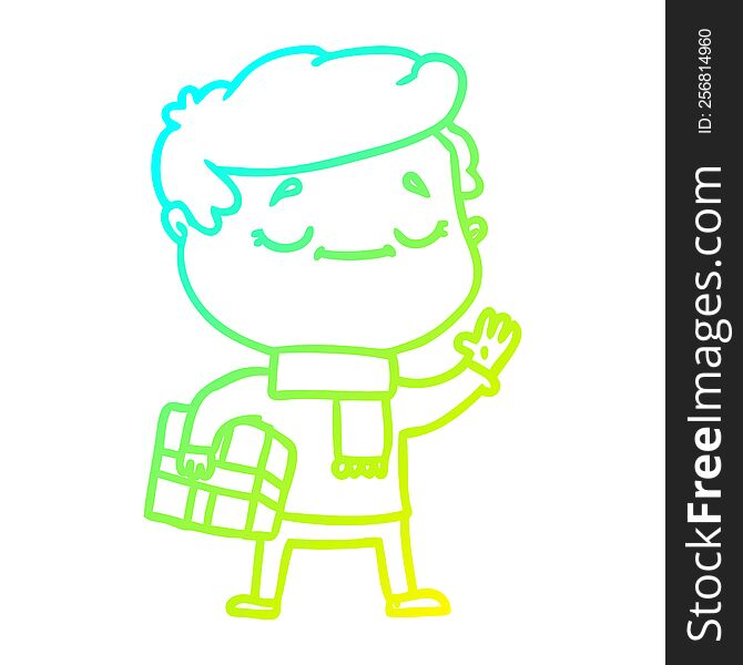 cold gradient line drawing of a cartoon man carrying christmas present waving