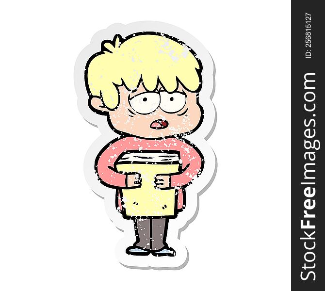 distressed sticker of a cartoon exhausted boy holding book