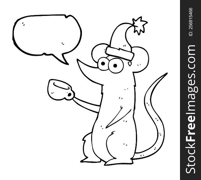 freehand drawn speech bubble cartoon mouse wearing christmas hat