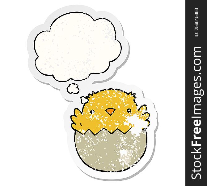 Cartoon Chick Hatching From Egg And Thought Bubble As A Distressed Worn Sticker