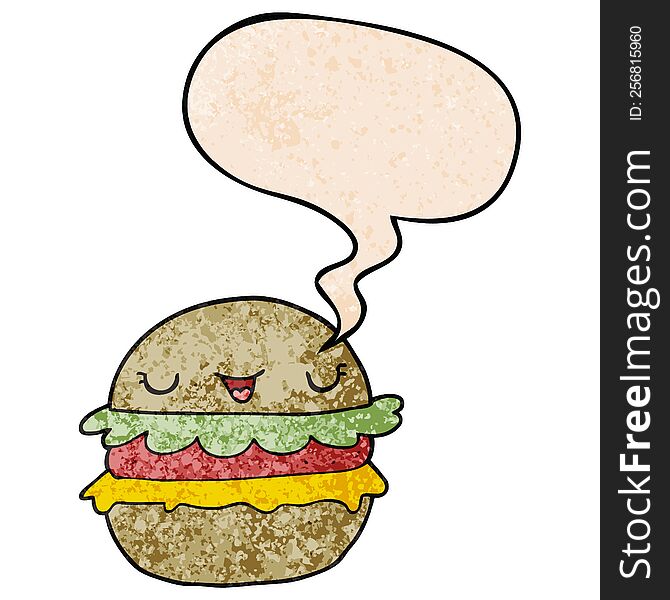 cartoon burger and speech bubble in retro texture style