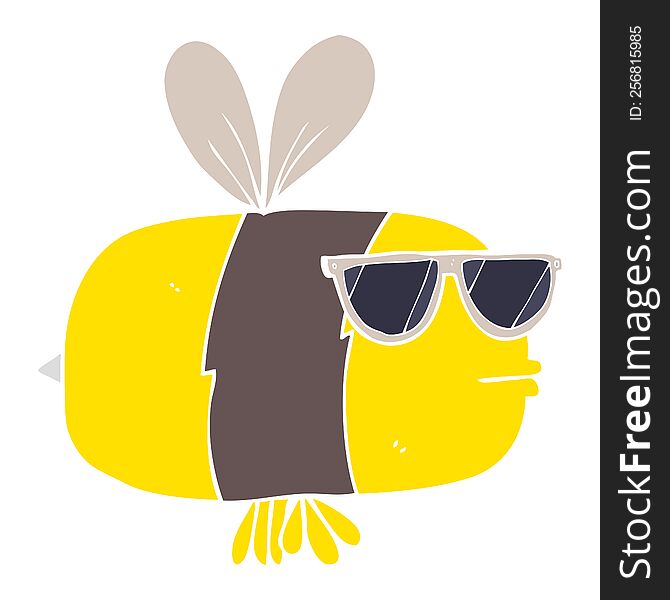 Flat Color Illustration Of A Cartoon Bee Wearing Sunglasses