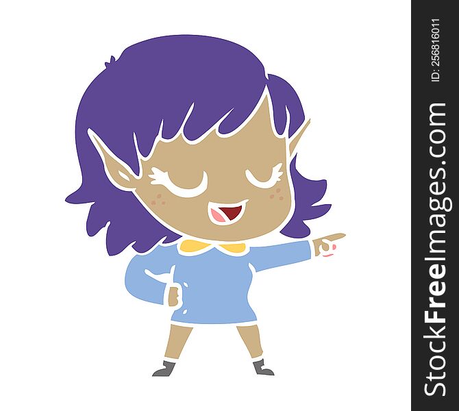 Happy Flat Color Style Cartoon Elf Girl Pointing