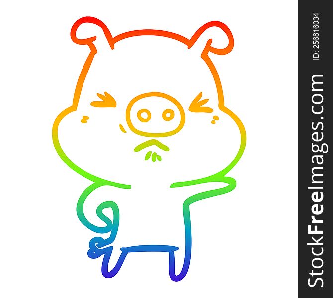 Rainbow Gradient Line Drawing Cartoon Angry Pig
