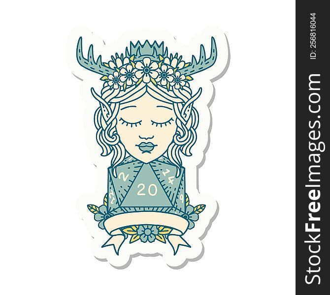 Elf Druid Character With Natural 20 Dice Roll Sticker