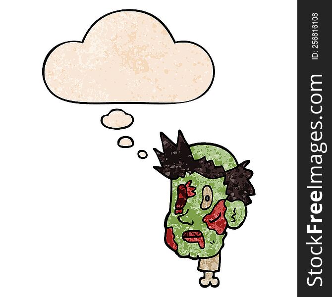Cartoon Zombie Head And Thought Bubble In Grunge Texture Pattern Style