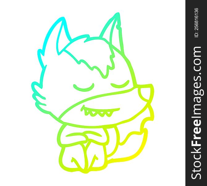 cold gradient line drawing of a friendly cartoon wolf sitting