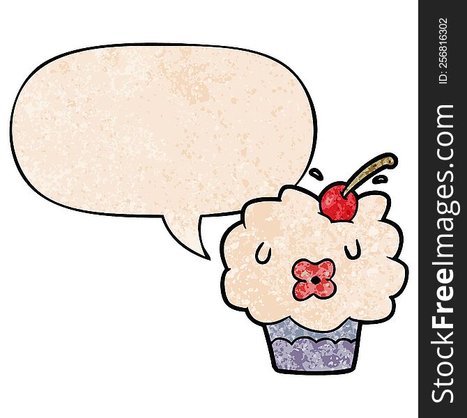 funny cartoon cupcake with speech bubble in retro texture style