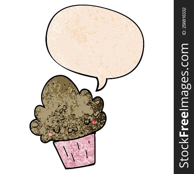 cartoon cupcake with face with speech bubble in retro texture style. cartoon cupcake with face with speech bubble in retro texture style