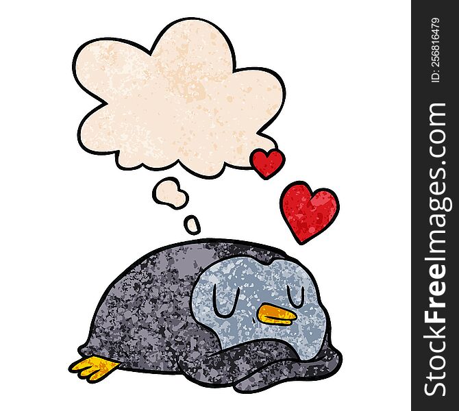Cartoon Penguin In Love And Thought Bubble In Grunge Texture Pattern Style