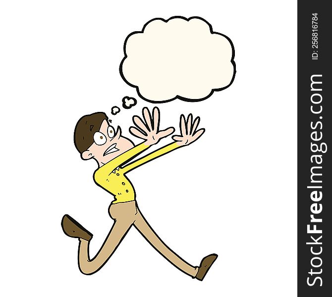 cartoon man running away with thought bubble