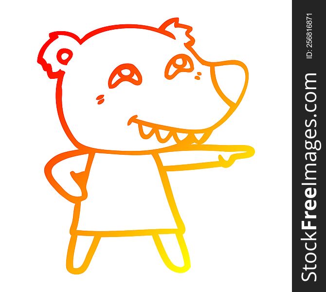 warm gradient line drawing of a cartoon pointing bear girl showing teeth