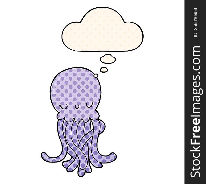 Cute Cartoon Jellyfish And Thought Bubble In Comic Book Style