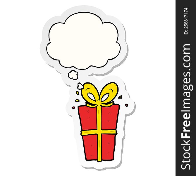 cartoon wrapped gift with thought bubble as a printed sticker