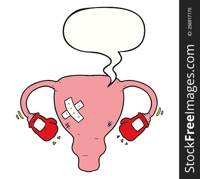 Cartoon Beat Up Uterus And Boxing Gloves And Speech Bubble