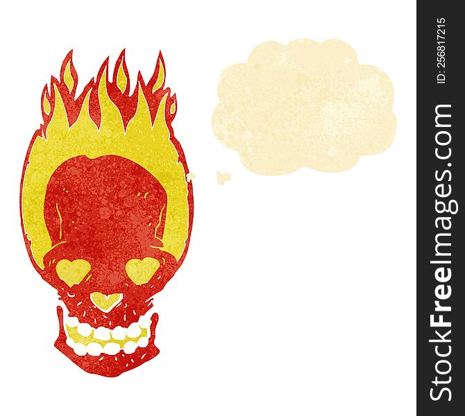 cartoon flaming skull with love heart eyes with thought bubble