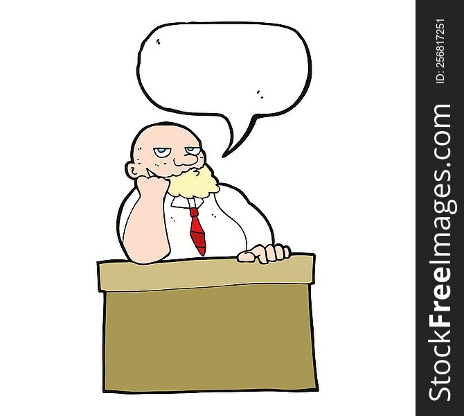 cartoon bored man at desk with speech bubble