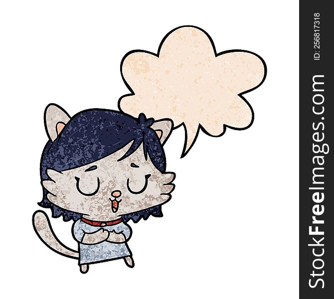 Cartoon Cat Girl And Speech Bubble In Retro Texture Style