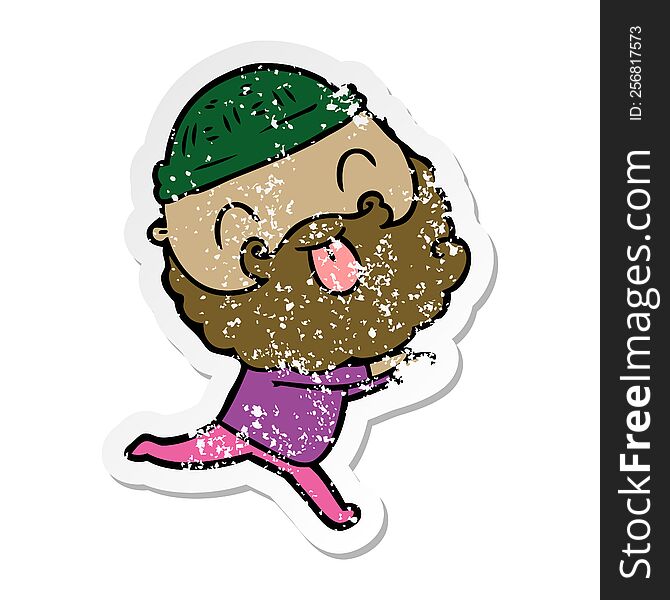 Distressed Sticker Of A Running Man With Beard Sticking Out Tongue