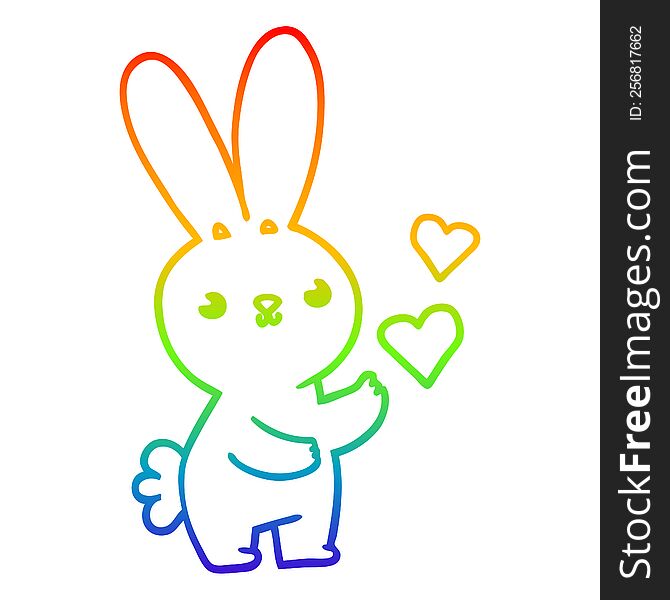 rainbow gradient line drawing of a cute cartoon rabbit with love hearts