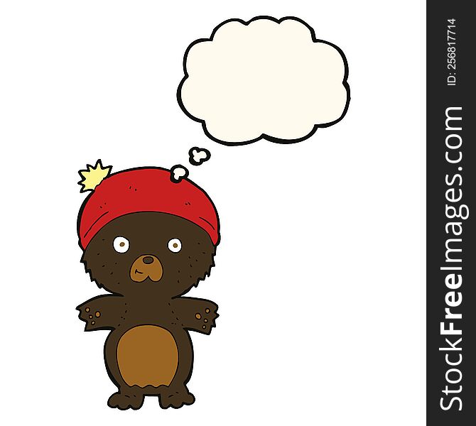 cartoon cute black bear in hat with thought bubble