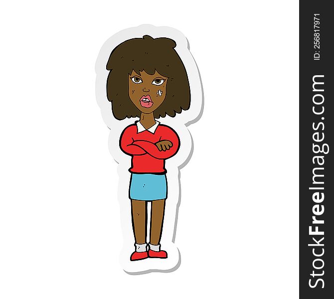 sticker of a cartoon tough woman with folded arms