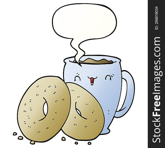 cartoon coffee and donuts with speech bubble in smooth gradient style