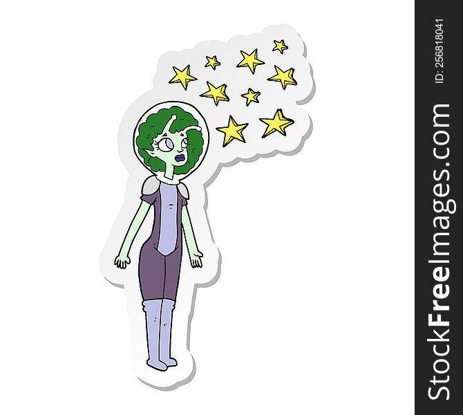sticker of a cartoon alien space girl