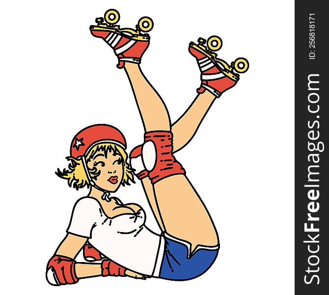 Traditional Tattoo Of A Pinup Roller Derby Girl