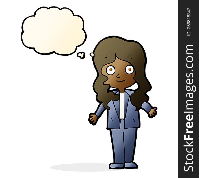 cartoon friendly business woman with thought bubble