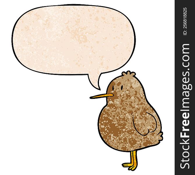 cute cartoon kiwi bird with speech bubble in retro texture style