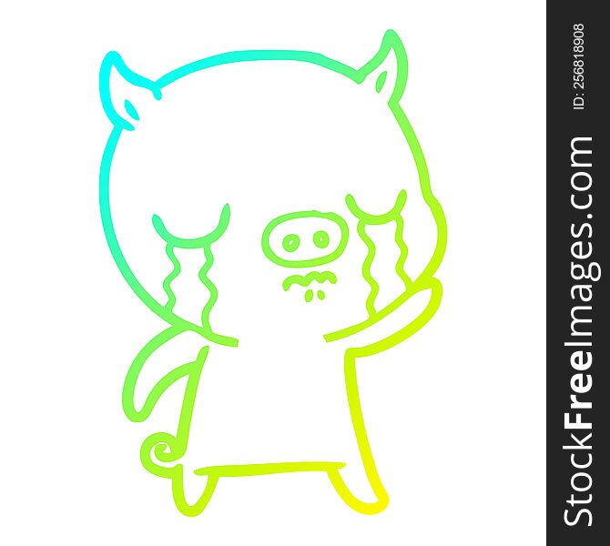 cold gradient line drawing of a cartoon pig crying waving goodbye