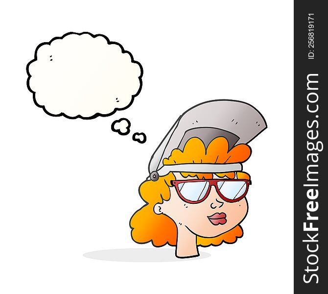 thought bubble cartoon woman with welding mask and glasses