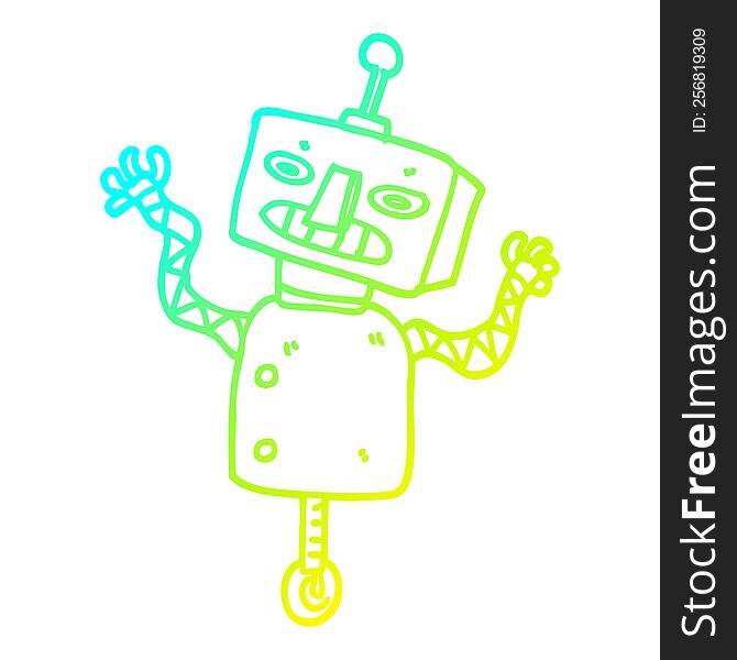cold gradient line drawing of a cartoon robot on wheel