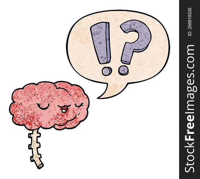 cartoon curious brain with speech bubble in retro texture style