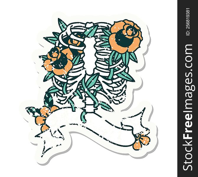 worn old sticker with banner of a rib cage and flowers. worn old sticker with banner of a rib cage and flowers