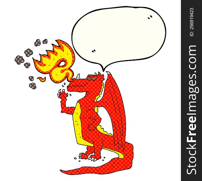 freehand drawn comic book speech bubble cartoon happy dragon breathing fire