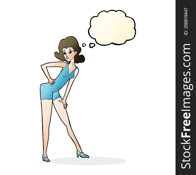 cartoon model woman posing with thought bubble