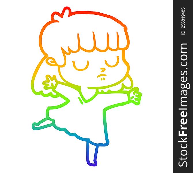 rainbow gradient line drawing of a cartoon indifferent woman