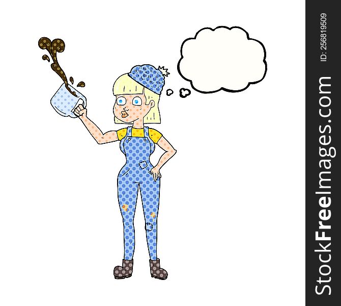 freehand drawn thought bubble cartoon female worker with coffee mug