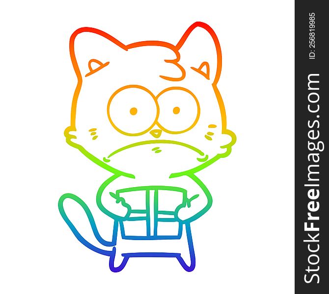 rainbow gradient line drawing of a cartoon cat with present
