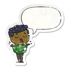 Cartoon Man Talking And Shrugging Shoulders And Speech Bubble Distressed Sticker Stock Photos Cartoon Man Talking And Shrugging Shoulders And Speech Bubble Distressed Sticker Stock Photos