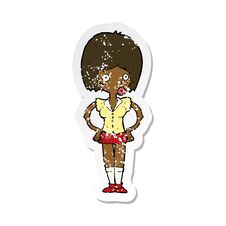 Retro Distressed Sticker Of A Cartoon Woman With Hands On Hips Stock Photo