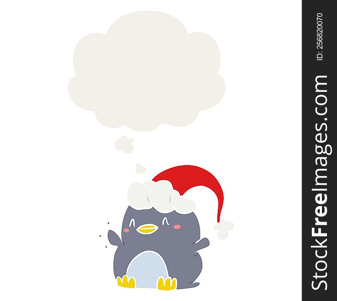 Cartoon Penguin Wearing Christmas Hat And Thought Bubble In Retro Style