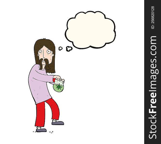 cartoon hippie man with bag of weed with thought bubble