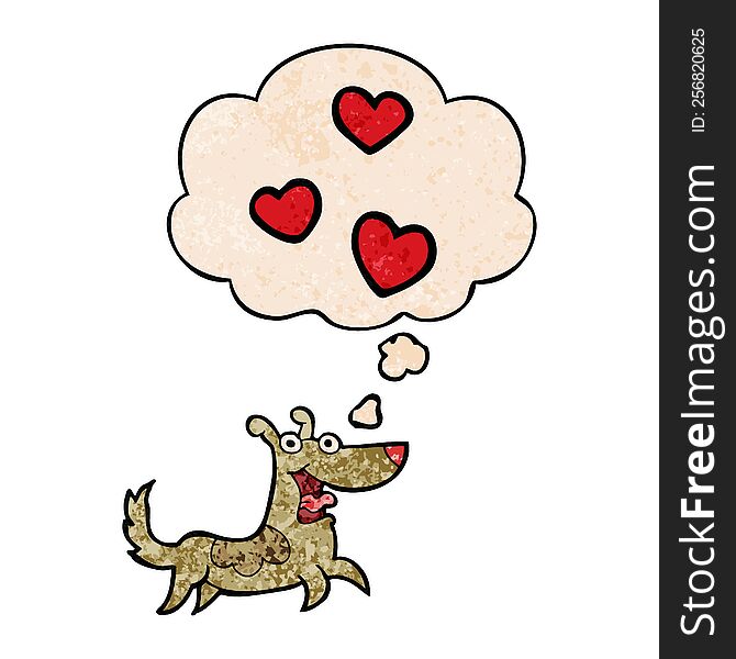 Cartoon Dog With Love Hearts And Thought Bubble In Grunge Texture Pattern Style
