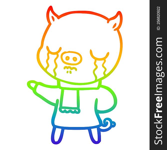 rainbow gradient line drawing of a cartoon crying pig wearing scarf