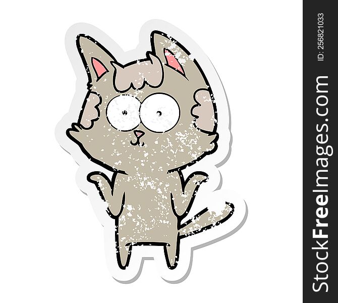 Distressed Sticker Of A Happy Cartoon Cat Shrugging;shoulders