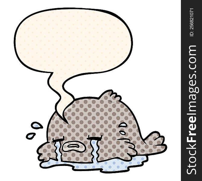cartoon crying fish with speech bubble in comic book style